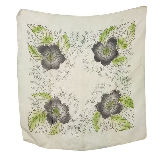 VTG SCARF LARGE GREEN GRAY FLORAL PRINT GRAPHIC RETRO CHIFFON FUNKY BOLD QUILT - Picture 1 of 4